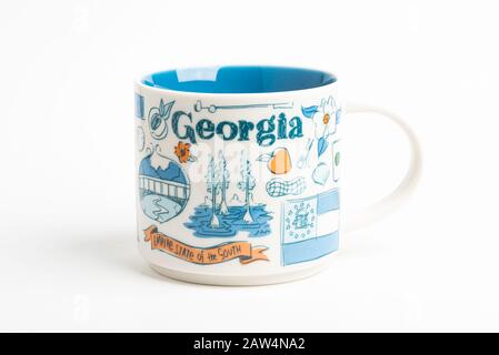 Vidalia, Georgia / USA - September 27, 2019: A product shot of a Starbucks mug with iconic Georgia-inspired illustrative designs. Stock Photo