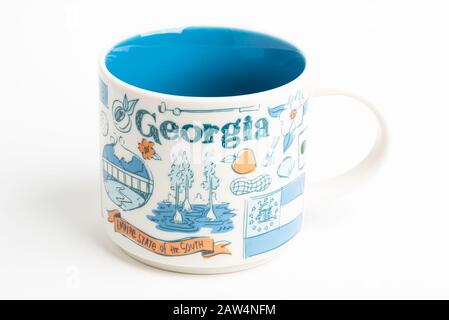 Vidalia, Georgia / USA - September 27, 2019: A product shot of a Starbucks mug with iconic Georgia-inspired illustrative designs. Stock Photo