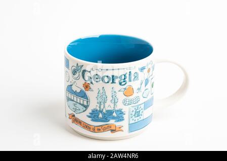 Vidalia, Georgia / USA - September 27, 2019: A product shot of a Starbucks mug with iconic Georgia-inspired illustrative designs. Stock Photo