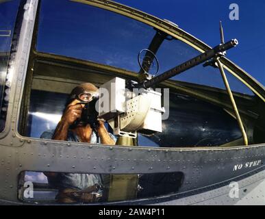 Jesse Rhodes Waller, Aviation Ordnance Mate, Third Class, trying out 30-calibre Machine Gun that he just Installed in Navy PBY Plane, Naval Air Base, Corpus Christi, Texas, USA, photograph by Howard R. Hollem, U.S. Office of War Information, August 1942 Stock Photo