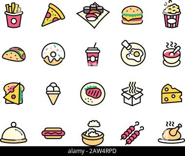 Set of Foods, Drinks Related Vector Line Icons. Contains such Icons as Pizza, Fries, Egg, Meat, Sushi, Chicken, Hamburger and more. Editable Stroke Stock Vector