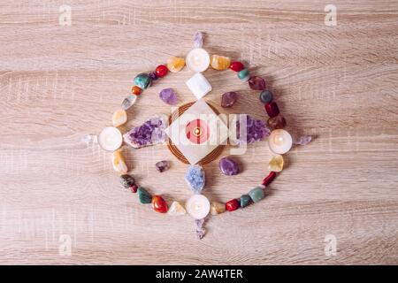 Setting up a semi precious stone crystal grid in home helps your intentions to manifest concept. Alternative lifestyle. Stock Photo