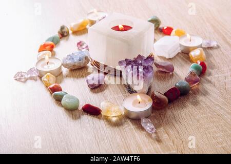 Setting up a semi precious stone crystal grid in home helps your intentions to manifest concept. Stock Photo