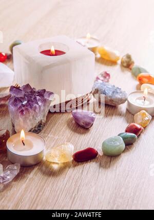 Setting up a semi precious stone crystal grid in home helps your intentions to manifest concept. Stock Photo