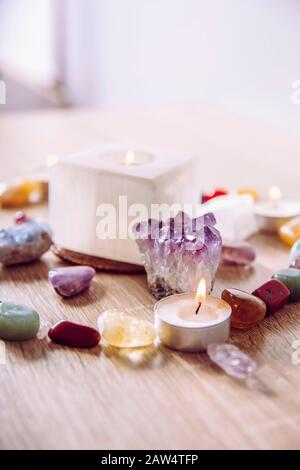 Setting up a semi precious stone crystal grid in home helps your intentions to manifest concept. Stock Photo