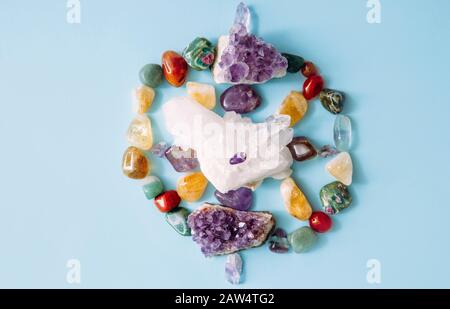 Setting up a semi precious stone crystal grid in home helps your intentions to manifest concept. Alternative lifestyle. Relaxation and balance. Stock Photo