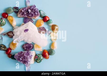 Setting up a semi precious stone crystal grid in home helps your intentions to manifest concept. Alternative lifestyle. Relaxation and balance. Stock Photo