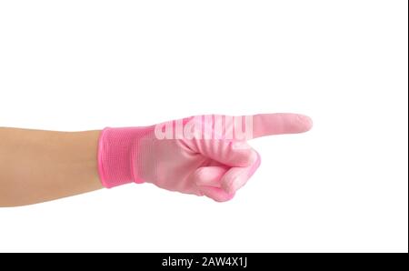 Woman hand gesturing and pointing with finger, wearing pink textile rubber palm working glove. Isolated on white with copy space. Stock Photo
