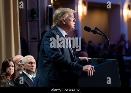 Washington, United States Of America. 06th Feb, 2020. Washington, United States of America. 06 February, 2020. U.S President Donald Trump delivers remarks at the 2020 National Prayer Breakfast at the Washington Hilton February 6, 2020 in Washington, DC Trump used the normally bipartisan event to savage his opponents calling them vicious and mean following his Senate acquittal in the impeachment trial. Credit: Joyce Boghosian/White House Photo/Alamy Live News