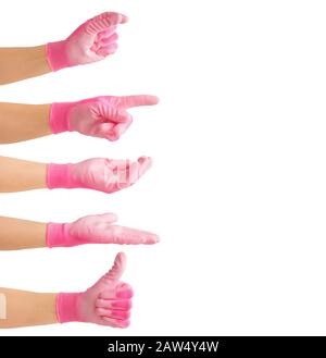 Lot of different woman hand gestures shapes with pink working glove. Thumbs up, OK, holding, finger pointing, inside palm and on palm. Ad background c Stock Photo