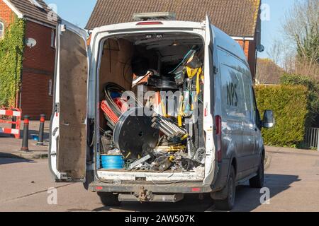 NPS Van (Network Planning Solutions) with the back doors open full of cables and other equipment Stock Photo