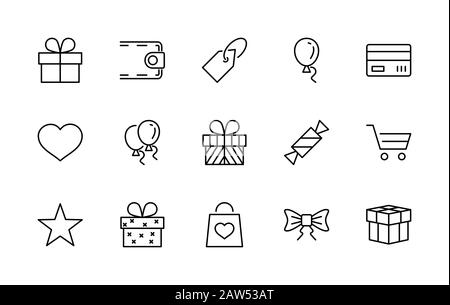 Set of Gifts Vector Line Icons. Contains Symbols Gift Cards, Ribbons and more. Editable Stroke. 32x32 pixel Stock Vector