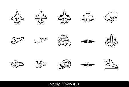 Set of Plane vector line icon. It contains symbols to aircraft, globe and more. Editable Stroke. 32x32 pixels. Stock Vector