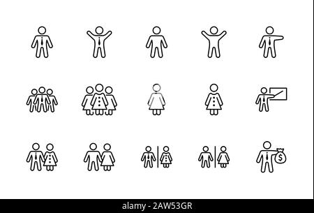 Set of people vector line icons. It contains the symbols of a man, a woman, a family, a toilet, a businessman, a teacher, and much more. Editable Stock Vector