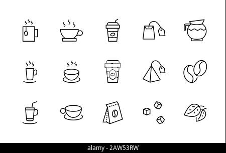 Set of Coffee and Tea Vector Line Icons. Contains such Icons as Cup of Tea, Teabags, Coffee beans and Green Tea Leaves, a pitcher of Water, Sugar Stock Vector