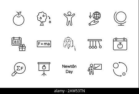 Newton's Day Set Line Vector Icon. Contains such Icons as Newton, Laws of physics and gravity, Flying Apple, Calendar, Teacher, blackboard and Stock Vector