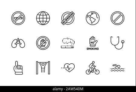International No Tobacco Day Set Line Vector Icons. Contains such Icons as Lungs, Cigars, Cigarettes, Smoking, Globe, smoking Cessation and more Stock Vector