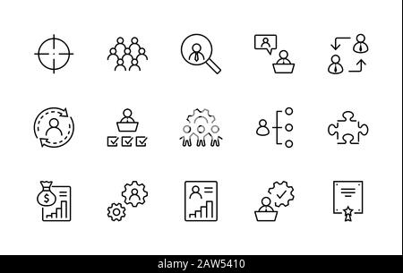 Set of People Management Related Vector Line Icons. Contains such Icons as Target, Puzzle, Certificate, Personal data processing, Task Manager Stock Vector