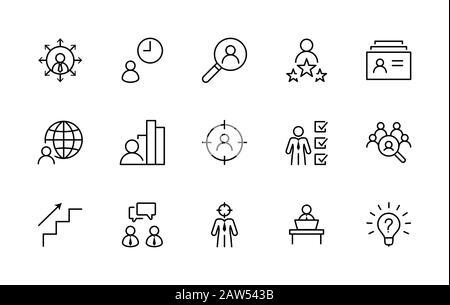 Set of Head Hunting Related Vector Line Icons. Contains such Icons as Career growth, Bulb, Candidate, Search, CV, Card Index, Outsource and more Stock Vector