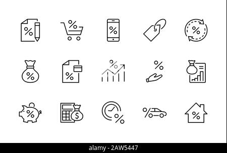 Set of Credit and Loan Related Vector Line Icons. Contains such Icons as Credit Card, Rate Calculator, Deposit and more. Editable Stroke. 32x32 Pixels Stock Vector