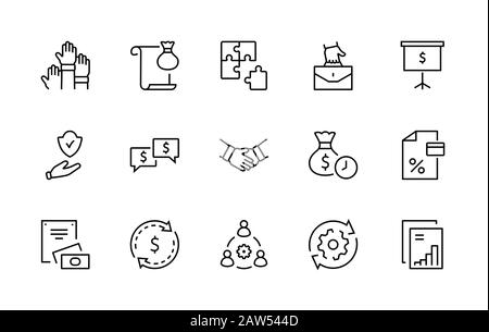 Set of Business Cooperation Vector Line Icons. Contains such Icons as Puzzle, Partnership, Money, Handshake, Dollars, Team, Synergy, Work, Interaction Stock Vector