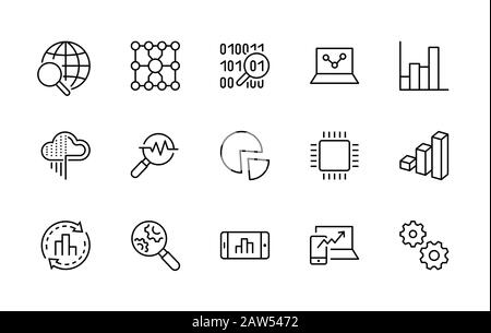 Set of Data Analysis Related Technology Vector Line Icons. Contains such Icons as Charts, Search, Graphs, Traffic Analysis, Big Data and more Stock Vector