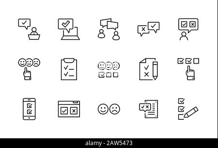 Set of Survey Related Vector Line Icons. Contains such Icons as Smile, Sad, Review, Click, Check, Customer Opinion, Web Survey and more. Editable Stock Vector