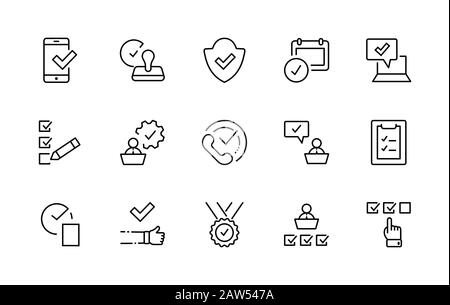 Set Approve Vector Line Icons. Contains such Icons as Quality Check, Protection Guarantee, Accepted Document and more. Editable Stroke. 32x32 Pixels Stock Vector