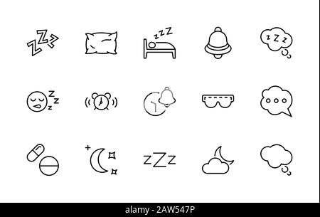 Sleep Vector Line Icons Set. Contains such Icons as Alarm Clock, Bed, Insomnia, Pillow, Sleeping Pills, Bell, Glasses for sleep, Bubble and more Stock Vector