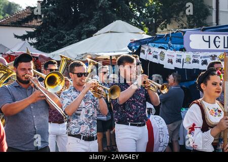 Brass band defile in Trumpet festival in Guca Stock Photo