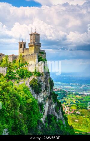 San Marino Republic, medieval Guaita first tower on a rocky cliff and panoramic view of Romagna Stock Photo
