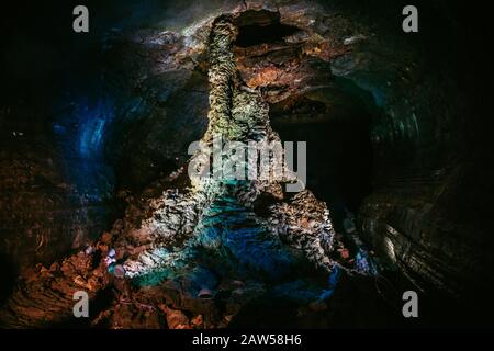 Lava tube on a volcanic island. This is a tunnel after volcano eruption. It is Jeju island, South Korea. Stock Photo