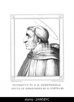 The italian eretic Domenican priest GIROLAMO SAVONAROLA ( 1452 - 1498 ).  Engraving by D. Chiossone XIX century , after the original portrait by Fra B Stock Photo