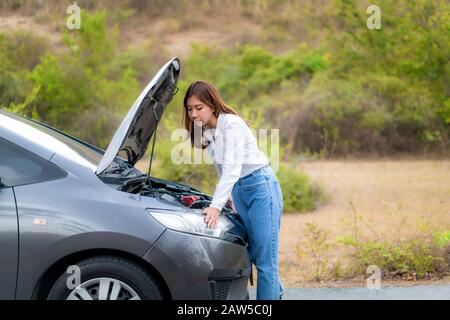 Woman inspecting broken car engine Stock Photo - Alamy