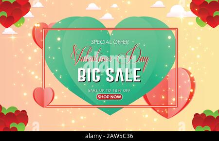 Happy Valentine's Day Big Sale background. Heart symbol with Clouds in the sky Banner, Poster or Flyer Design. Digital Paper Craft style Vector Illust Stock Vector