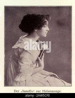 1913 , GERMANY : Photograph of the a young woman using a SANOFIX Electric  Vibrator . Taken from a leaflet advertising the "Sanofix" electric hand vib  Stock Photo - Alamy