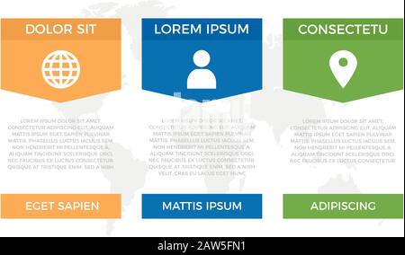 Set of orange, blue and green elements for infographic with world map presentation slides. Stock Vector