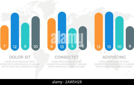 Set of orange, blue, turquoise and gray elements for infographic with world map presentation slides. Stock Vector
