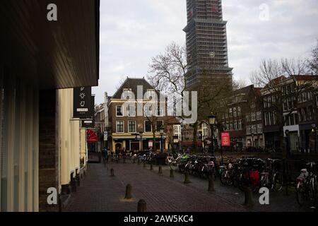 UTRECHT, NETHERLANDS - 26/1/20 - A view of the Oudegracht with the Dom Tower undergoing renovation in the background. Stock Photo