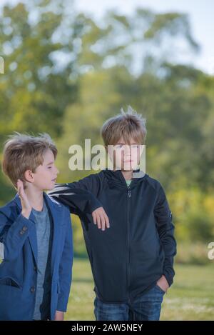 Portrait of two boys with a blurred background Stock Photo