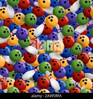 Bowling colorful seamless vector pattern. Seamless background of bowling pins and bowling balls. Stock Vector