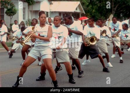 Members of the Jack Yates High School marching band perform at the annual Juneteenth celebration in Austin commemorating black emancipation in Texas.line Stock Photo