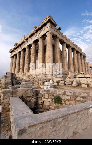 View of the Parthenon building and the Acropolis early evening in the fall. Stock Photo