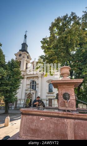 Four Lions Fountain, 1799, Baroque style, in front of Orthodox Cathedral of St. Nicholas, 1762, Sremski Karlovci, Vojvodina, Serbia Stock Photo