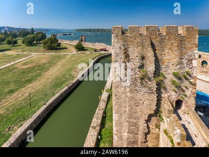 Wall at Citadel of Despot Djuradj (Inner City) over water trench, Smederevo Fortress, medieval fortified city in Smederevo, Podunavlje District Serbia Stock Photo