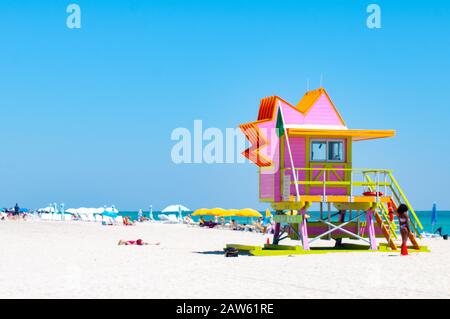 Miami Beach's iconic Art Deco life guard towers against a blue Florida sky. Stock Photo