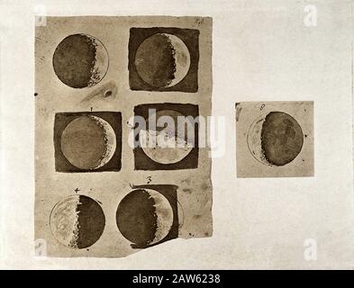 1610 ca ,  ITALY : Five diagrams of the surface of the moon , during its phases . Aquatint after the original by Galileo Galilei . GALILEO  GALILEI  ( Stock Photo