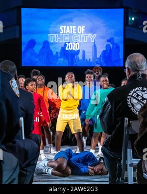 New York, USA,  6 Feb 2020. 'Step It Up NYC' 2019 winner of the dance championship team PUSH performs at the American Museum of Natural History before New York City Mayor Bill De Blasio delivers his 2020 State of the City Address.   Credit: Enrique Shore/Alamy Live News Stock Photo