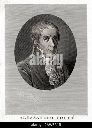 XIX century , ITALY : The italian Physicist  Count ALESSANDRO VOLTA ( 1745 - 1827 ) ,  portrait engraved by Nicolò Bettoni after R. Focosi., from orig Stock Photo