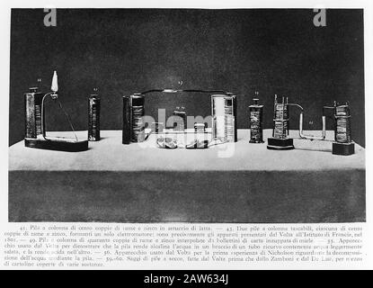 XIX century , ITALY : The italian Physicist  Count ALESSANDRO VOLTA ( 1745 - 1827 ) . Various examples of piles made by Volta and of experimentsmade w Stock Photo
